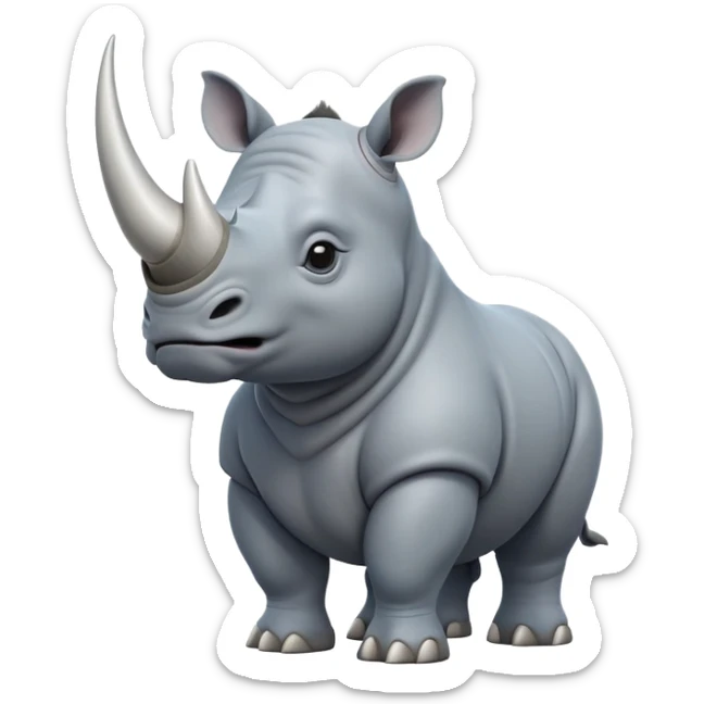 cinematic-rhino-full-body-standing-emoji,white horn, slate grey/blue skin -massive-body-poised-powerfully,-thick-horn-curving-slightly-forward,-head-tilted-dramatically,-rough-grey-hide-covered-in-dust,-simplified-focused-features, large cute black eyes sticker