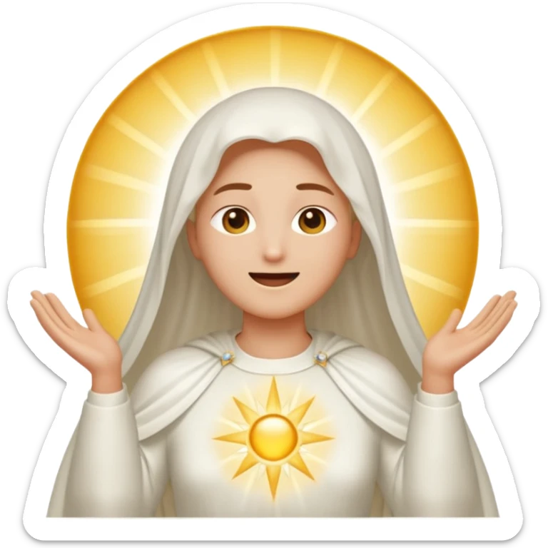 an emoji of the Heavenly Father from the Bible, no visible facial features, face completely covered and shining with glory light, wearing a white gown, entire image radiating beaming light to symbolize divine presence, voice, and existence sticker