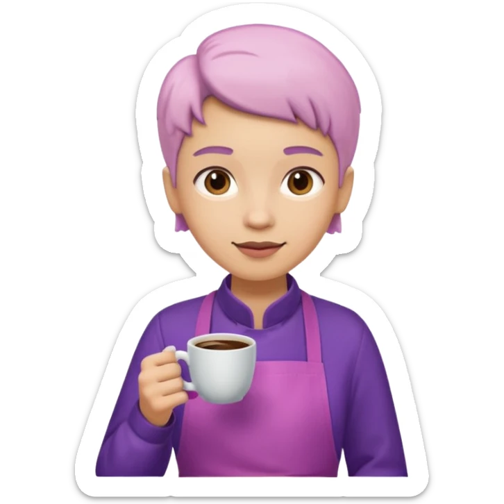 Create 3D minimalist emoji in the style of Coffee Lover — a coffee shop and roastery brand.
Style: cozy, warm.
Colors — purple-pink range.
barista with coffee sticker