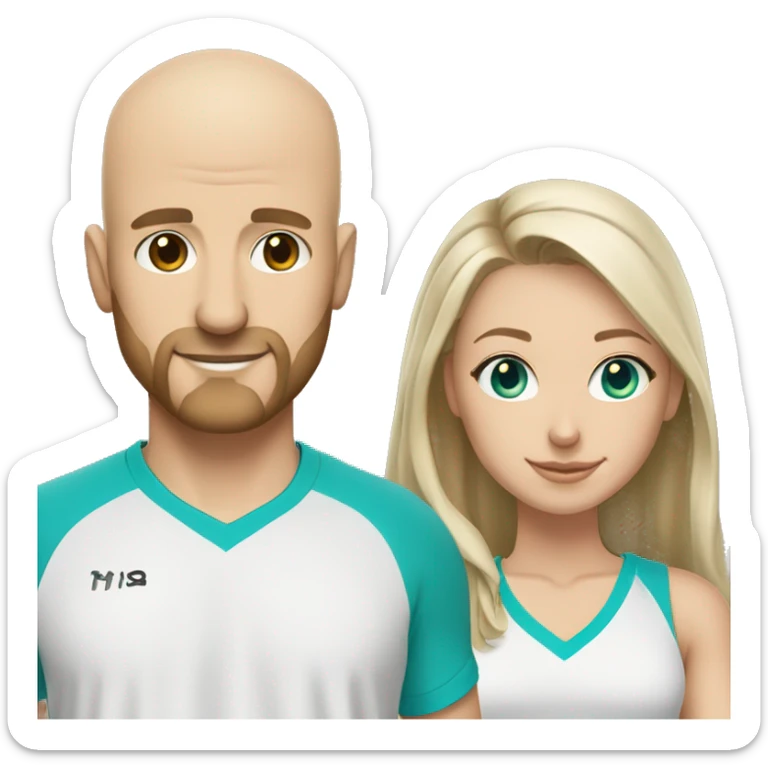 White couple, 35 yro, in pickleball clothes. Male bald= beard, white, bald, aqua eyes. Female = long light brown hair, aqua eyes.  sticker