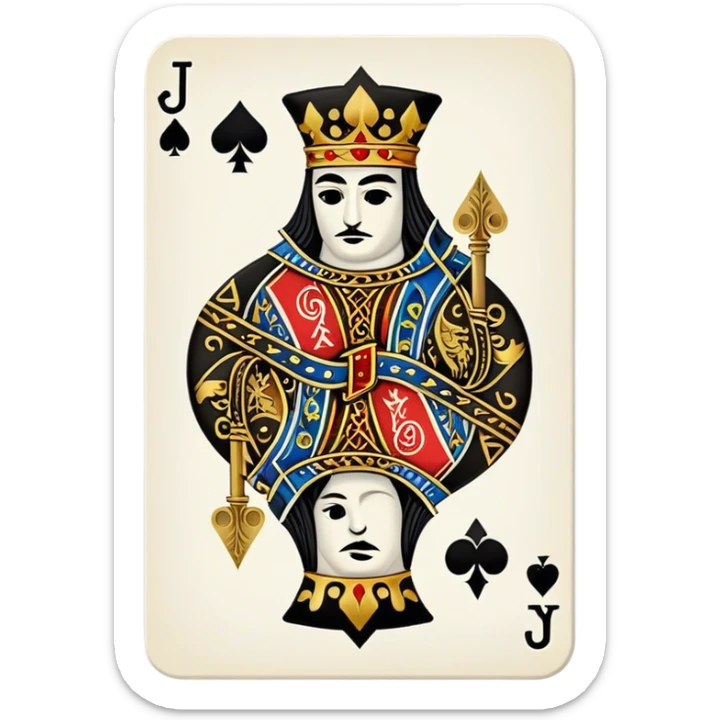 Jack of Spades playing card in color It has image of Jack and  the letter “J” in the top left and bottom right corner sticker