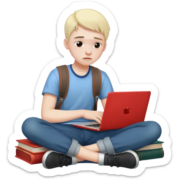 a student crashing out with the laptop on the lap and books on the side sticker