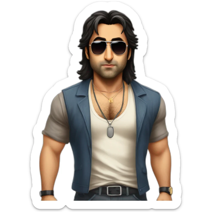 Ranbir Kapoor as a gangster with a long mullet and sun glassess looking angry and chubby sticker