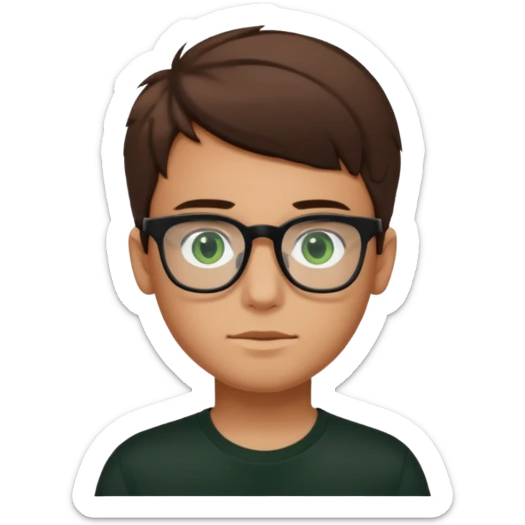 Garçon brun, peu légèrement bronzée, des yeux verts foncés, un t shirt noir et des lunettes rectangulaires transparentes sticker