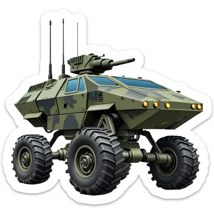 a roomy American 4-wheel armored personnel stealth camouflage army massive mech trail vehicle shooting forward side-hill leaning actively articulating hydraulic independent suspended pod gimbal enemy mech off-road racing rover with large fast engine RC basher crawler megatron  sticker