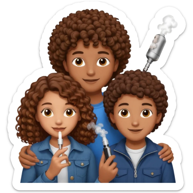 mixed-race teenage couple, boy with brown skin and brown vape, girl with beautiful brown curls, both showing affection sticker