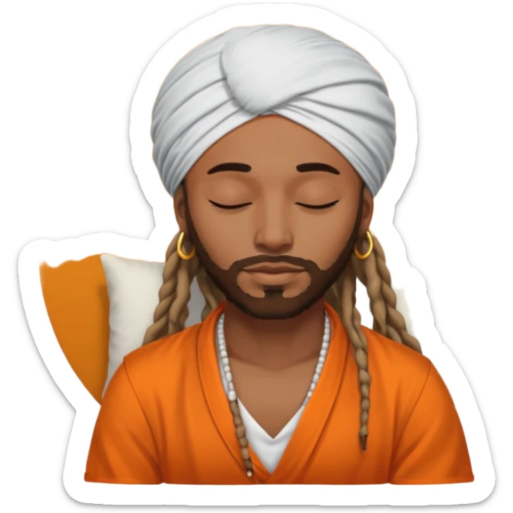 Brownskin man with long dreadlocks add a white turban on his head orange shirt sleeping sticker