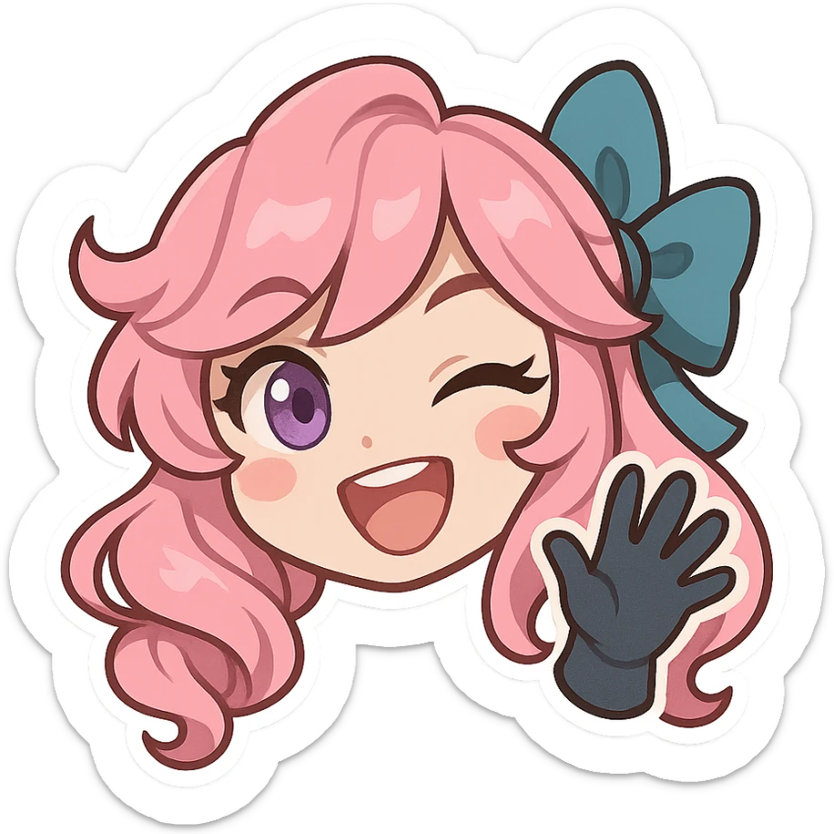 chibi style Gwen from League of Legends, only head, right eye purple, one hand waving with glove, big smile, energetic pose, pink hair sticker