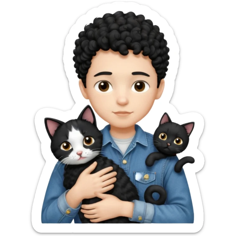 Apple emoji of a 13-year-old boy with short black curly hair, light skin, dark brown eyes, wearing a denim shirt and overalls, hugging a black and white cat. sticker