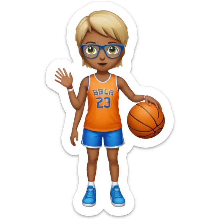 Full Body Girl with basketball real short brown hair with blond highlights wearing blue glasses with green eyes sticker