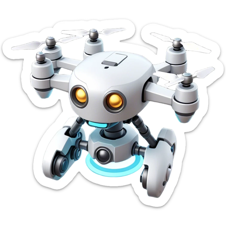 Clash of Clans aesthetic: Cinematic Playful 3D Isometric Robot Drone Emoji, rendered in a 3D vector-style similar to standard emojis with minimal shading and bold, simplified shapes. A compact, distinct form with signature details, softly glowing with a futuristic sci-fi warfare charm. Simplified yet unmistakably iconic, highly detailed and consistent, glowing with a soft radiance and high shine. Stylized with a touch of high-tech brilliance and a soft glowing outline, capturing the essence of a beloved gaming relic with a friendly, playful manner! sticker