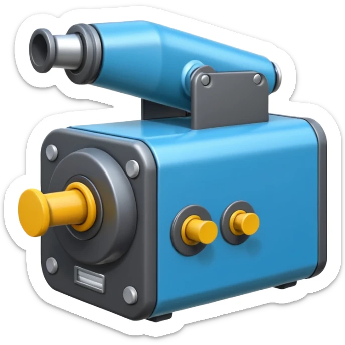 Crea un emoji de una maquina que sea un molino picador de plastico. Debe tener un agujero en la parte de arriba y abajo un hueco por donde saldra el plastico molido sticker