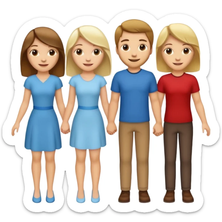 Four white women, two with brunette hair and two with blonde hair, and one brown haired white guy holding hands sticker