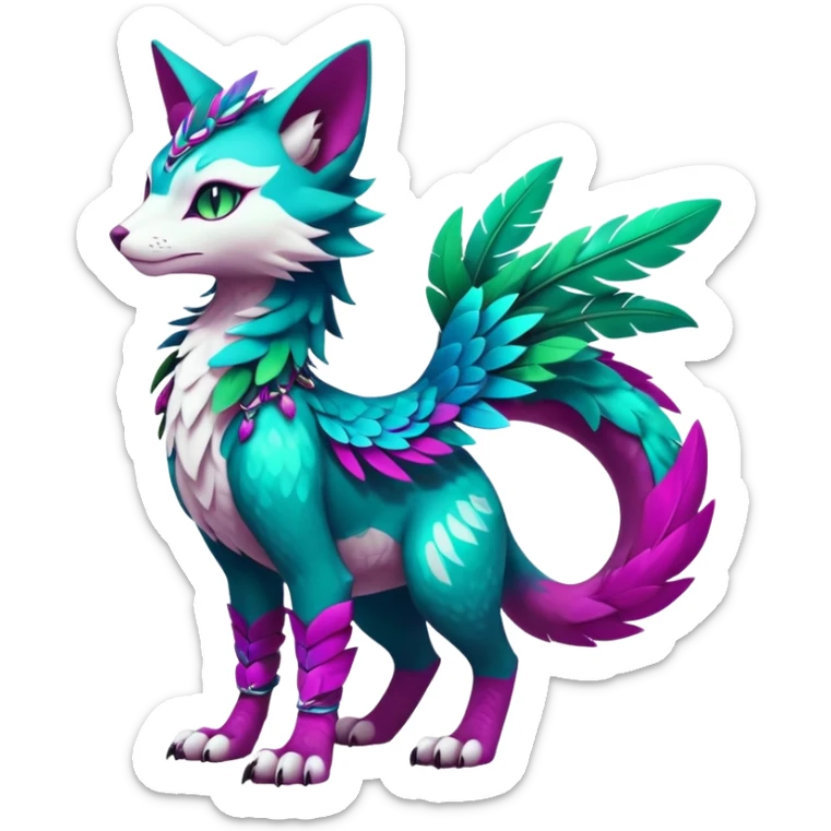 Kawaii cute colorful iridescent deep-dark-turquoise-green and magenta and white beautiful pretty elegant divine edgy feline-vernid-sergal-Fakémon-Pokémon-fursona-animal-creature with accessories, full body, with intricate detailed markings, feathers sticker