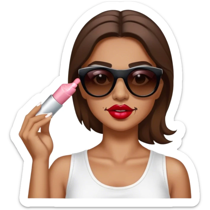 White woman with brown hair posing as salt bae with sunglasses. She is sprinkling salt on top of lipsticks, eyeshadows, and blushes sticker