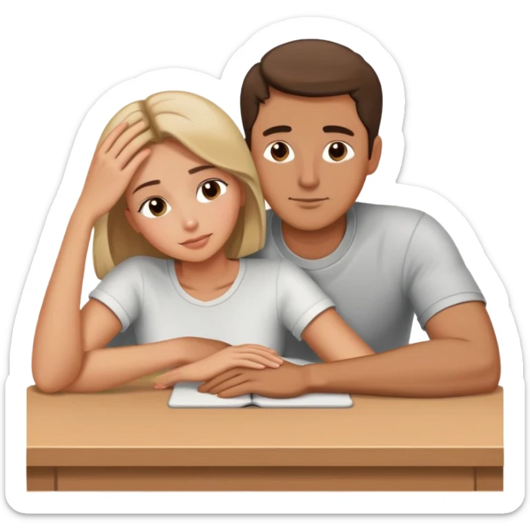 Man and gf sitting at the table and woman laying her head at the men's arm sticker