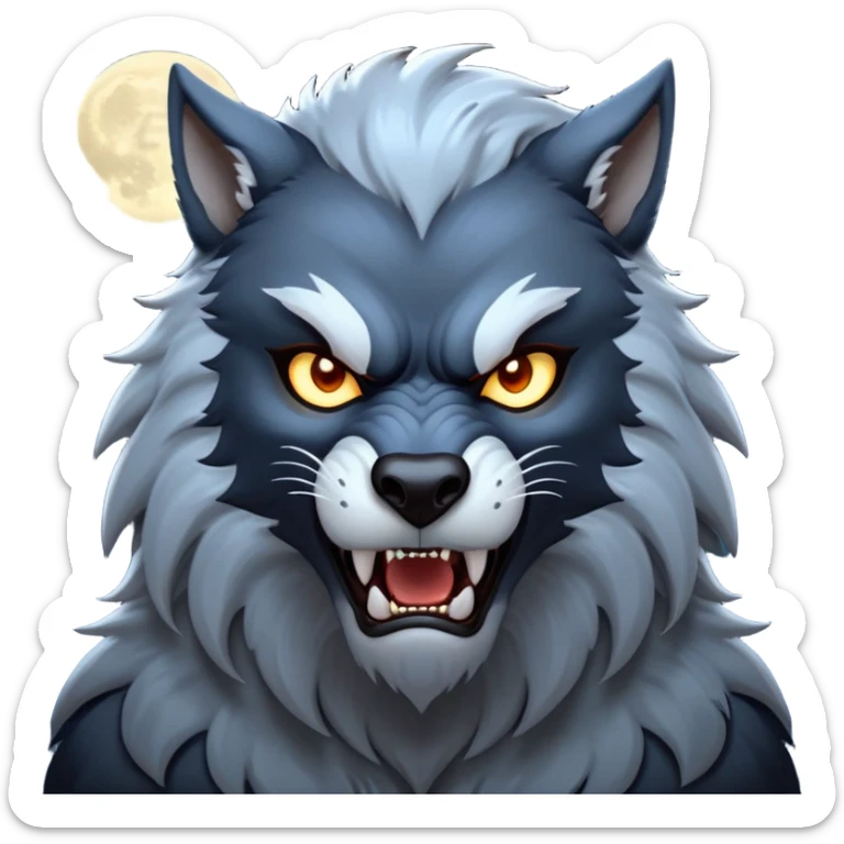 cinematic-noble-fierce-werewolf-portrait-emoji, poised-and-imposing, with a tall, slender, muscular frame, fur rippling in shades of midnight black and silver, eyes glowing with an intense, primal ferocity, reflecting the untamed power of the wild moonlit night; rendered with realism sticker