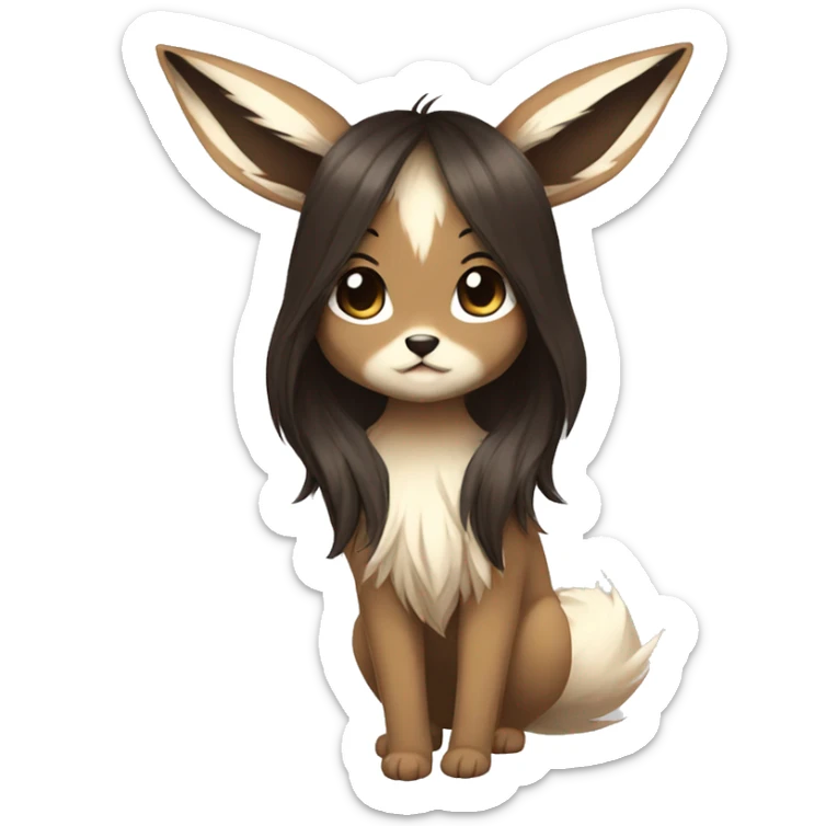Kawaii Pale Eevee with dark brown long emo hair covering her eyes Full Body sticker