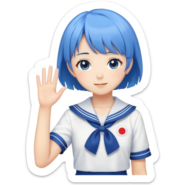 Anime girl with short bright blue hair wearing Japanese sailor style school uniform, composed posture with hand on hip but shyly waving with other hand, blushing face and timid smile sticker