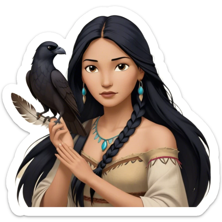 Cinematic Realistic Pocahontas Portrait, depicted with lifelike skin texture, soft natural lighting, and intricately detailed long, flowing raven-black hair that moves gracefully in the wind. Her deep, soulful dark brown eyes exude wisdom and strength, complemented by a serene yet powerful expression. She is shown gently holding a feather in one hand, her other hand resting lightly at her side, embodying the harmonious balance between nature and herself. She is dressed in her classic one-shoulder native American dress, with rich fabric textures and delicate beaded details that catch the light beautifully. The portrait features a soft, sun-kissed glow with a natural, radiant finish, capturing the essence of untamed beauty and deep connection to nature in a realistic and painterly style, evoking a sense of depth and authenticity. sticker
