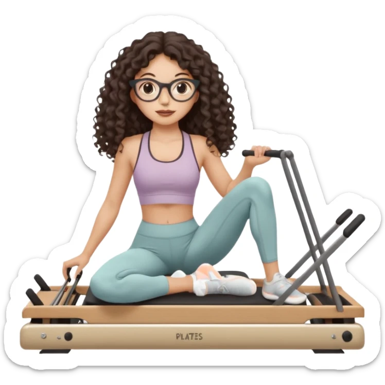 Memoji-style girl with long dark brown curly hair, round glasses, large brown eyes, soft rounded face,makeup, warm beige skin tone, wearing Pilates activewear performing Pilates and reformer Pilates exercises on a reformer machine, pastel color palette, smooth soft shading,latino sticker