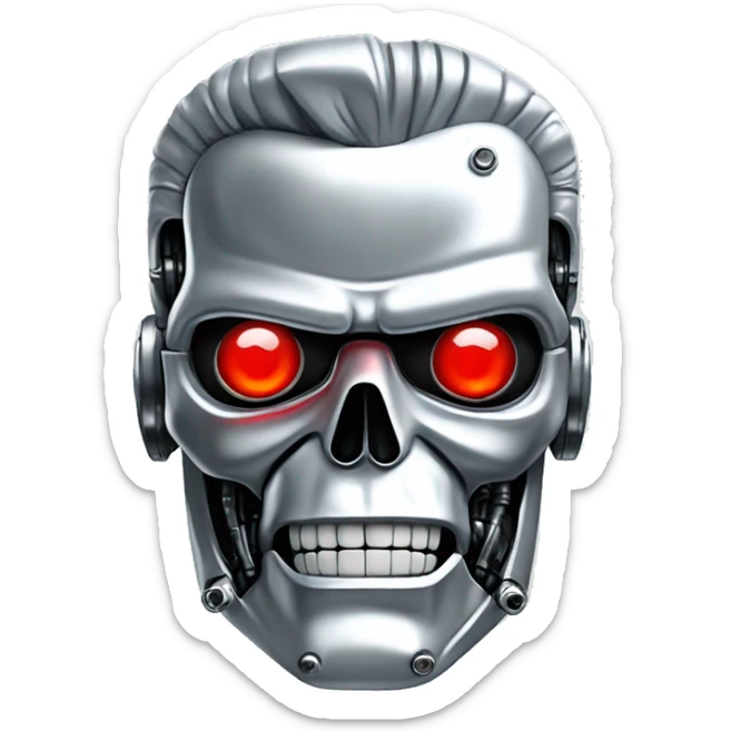 Emoji of a Terminator T-800, looking straight, 2d animation, red eyes, made of metal, white background,  sticker