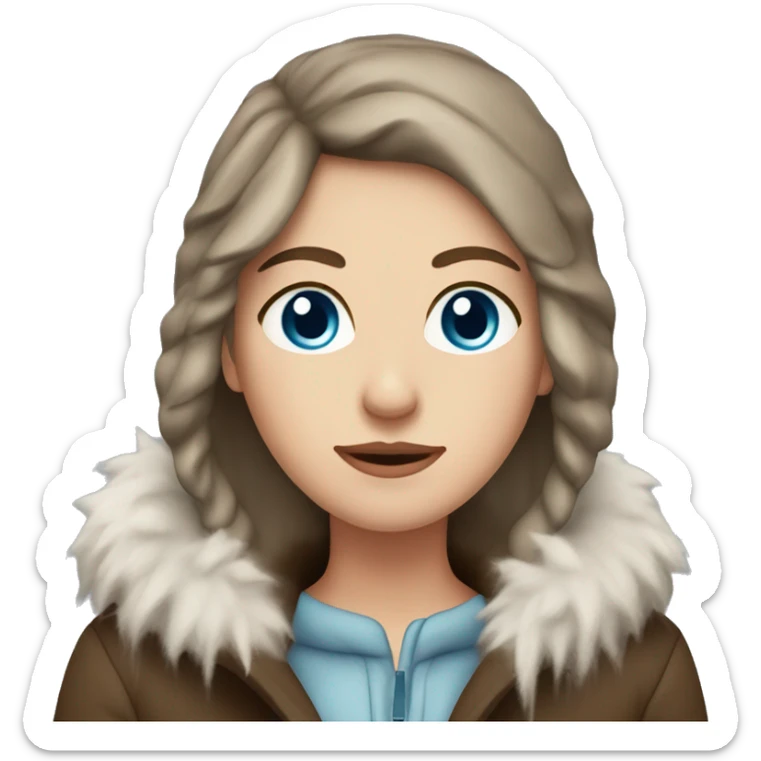 White girl with blue eyes and brown hair with coat on and freezing with icicles sticker