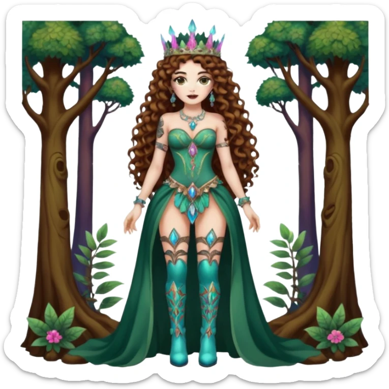 full body view of a woman with long curly brown hair, brown eyes, white skin, tattoos, wearing a crystal crown and thigh-high boots, psychedelic forest empress pose sticker