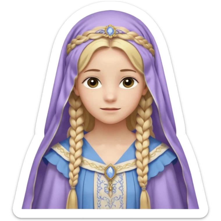 Joven de unos 20 años, de aspecto dulce y elegante.
Piel clara, ojosy expresivos, sonrisa triste.
Rubio o castaño claro, largo, con trenzas o velo.
-Vestido largo de tonos suaves (blanco, azul o lavanda), con bordados dorados; un manto o toca fina cubriendo la cabeza. de cuerpo entero  sticker