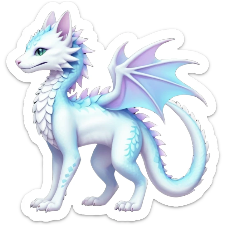 Kawaii white pastel iridescent beautiful pretty elegant divine edgy fantasy feline-vernid-sergal-Haku-dragon-fursona animal creature with a tufted tail full body with intricate markings  sticker