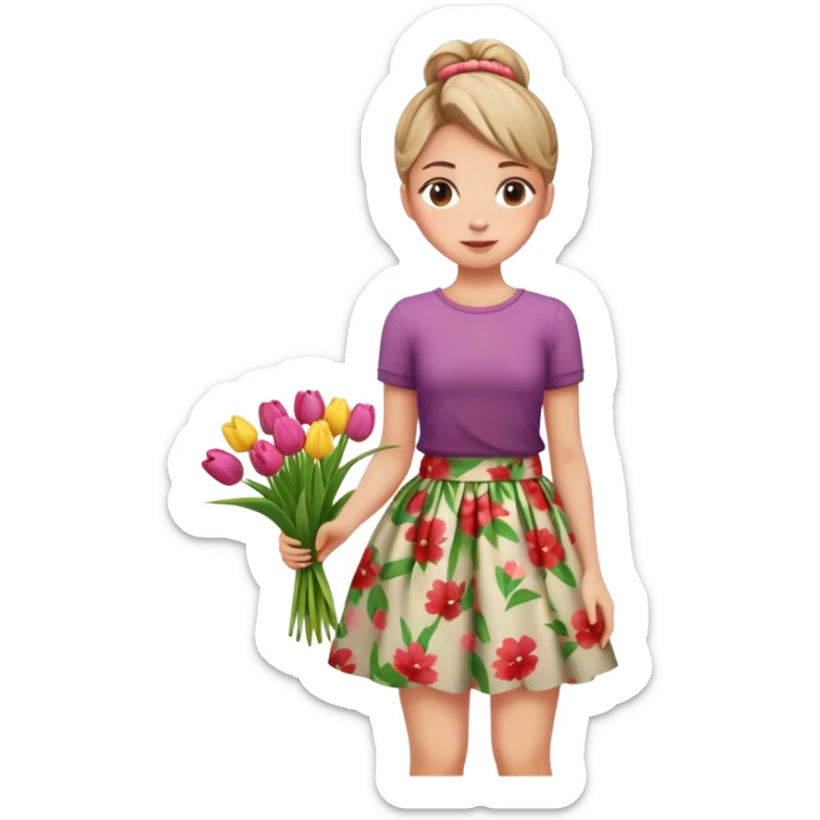 A girl with a messy bun, and a floral print skirt, holding a bunch of tulips. sticker