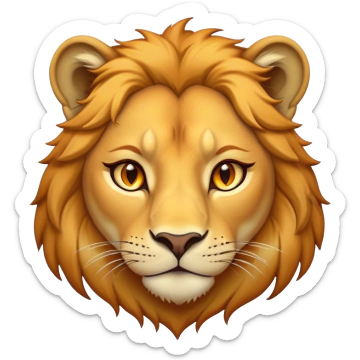 Cinematic Noble Lioness Portrait Emoji, Poised and regal, with a graceful, athletic build and a sleek, tawny Fur, piercing soulful amber eyes, Simplified yet sharp and sophisticated features, highly detailed, glowing with a warm, dignified glow, high shine, intelligent and fierce, stylized with an air of wild elegance, focused and attentive, soft glowing outline, capturing the essence of a watchful and confident lioness, so majestic it feels as though it could silently prowl out of the screen with effortless authority! sticker