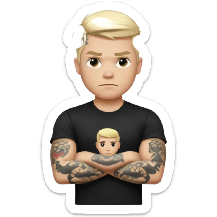 male memoji, blonde man with tattoos on arms, black t-shirt, arms crossed, intense stare, edgy rebel vibe sticker