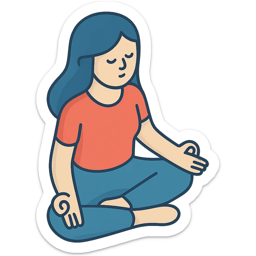 a woman with long hair sitting in lotus pose, meditating with eyes closed, 2D isometric illustration style sticker