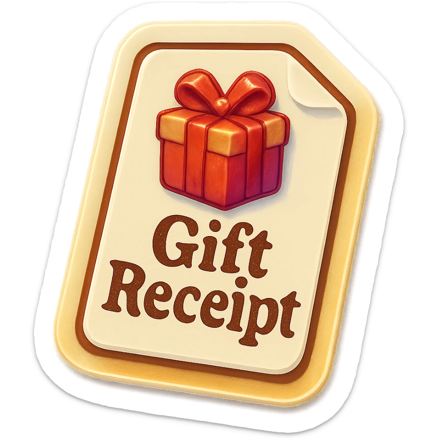 Edit the emoji style image of a paper gift receipt to clearly represent a gift receipt for exchanging a gift. Include a gift icon or bow on the paper and make the words 'Gift Receipt' visible on the simple white paper. It should not look like a box, but a flat paper sheet with clear gift exchange symbolism. sticker