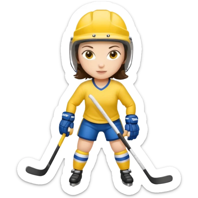 Girl hockey player with yellow jersey full body brunette with helmet sticker