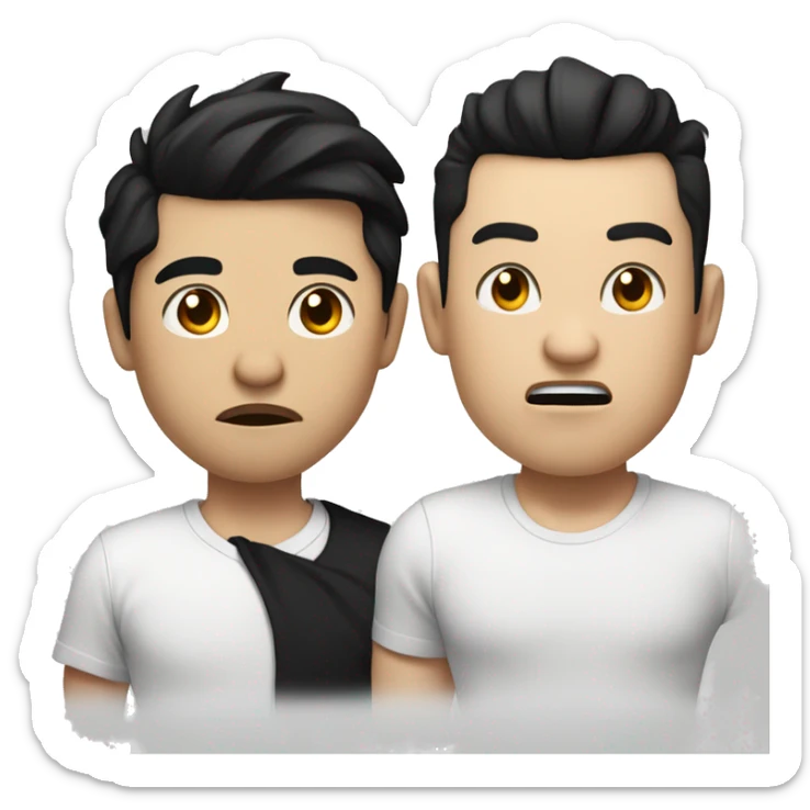 A man black hair with big lips and a dissatisfied face in black pants and Asian looking guy in a white T-shirt and a dissatisfied face sticker