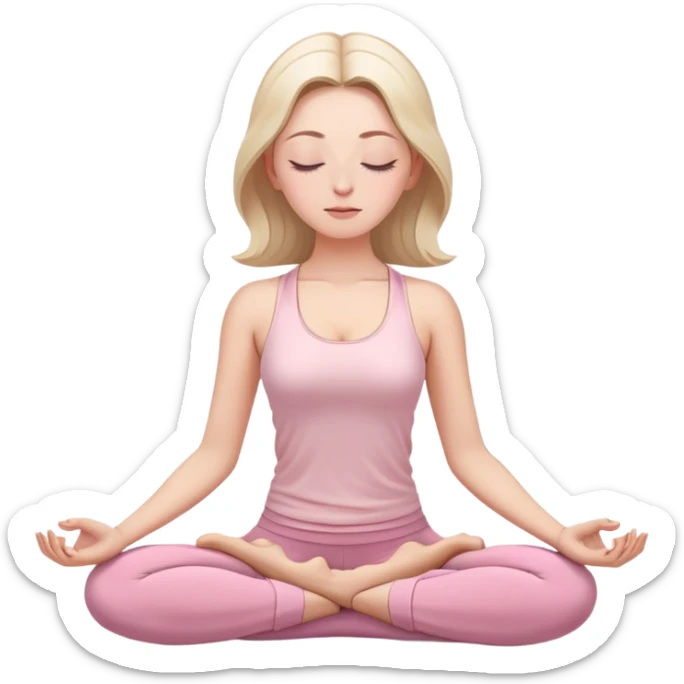 white woman with serene face meditating in lotus position, eyes closed, wearing light pink yoga clothing sticker