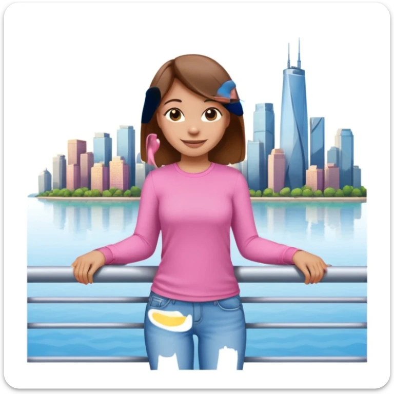 cheerful emoji-style girl with brown hair, pink fitted shirt, and light blue jeans, posing with one arm on a railing, city skyline and water behind her, sunny day sticker