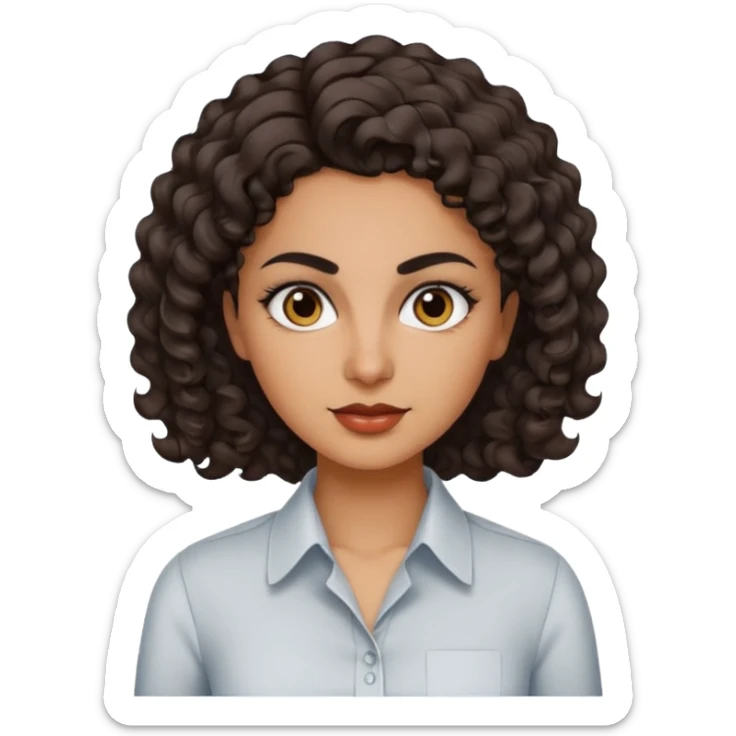 30 yr iranian woman dark brown hair curly wavy short hair, dress shirt, thick eyebrows sticker