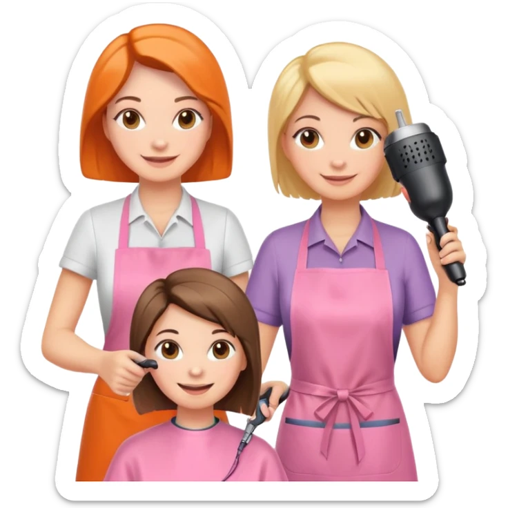 happy woman in pink apron getting a haircut from smiling female hairstylist in orange apron, holding hairdryer in right hand sticker