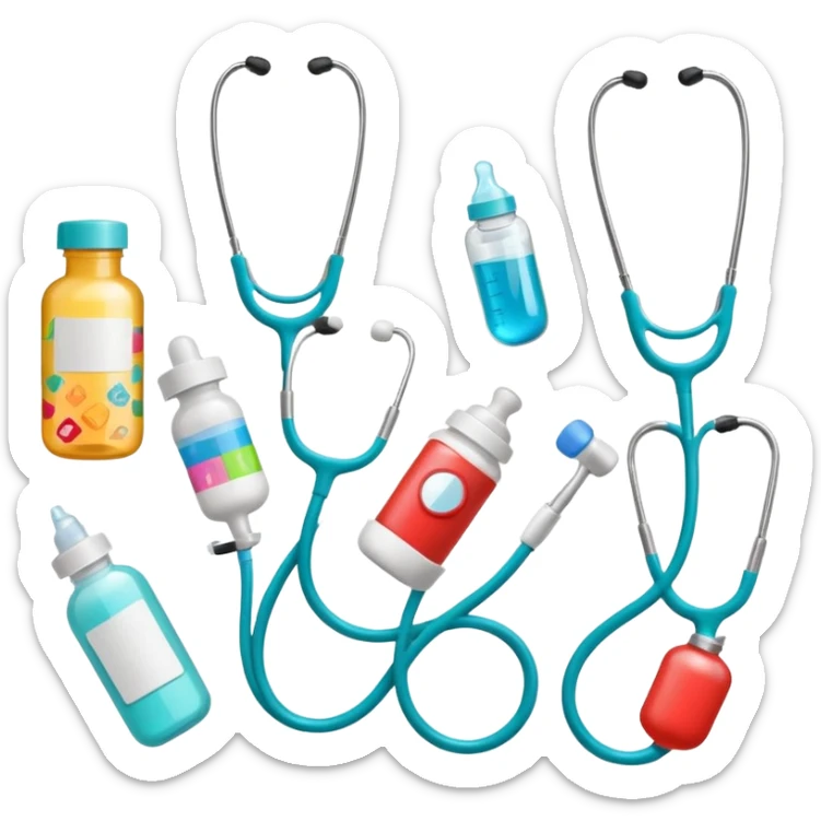 stethescope, heel lancet, medication, baby blood tubes, monitoring cables, baby bottle, cute scrapbooking paper,  sticker