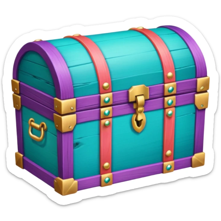 wooden treasure chest filled with coins pack in gradient of turquoise, blue, pink, purple, and coral color and jewels sticker