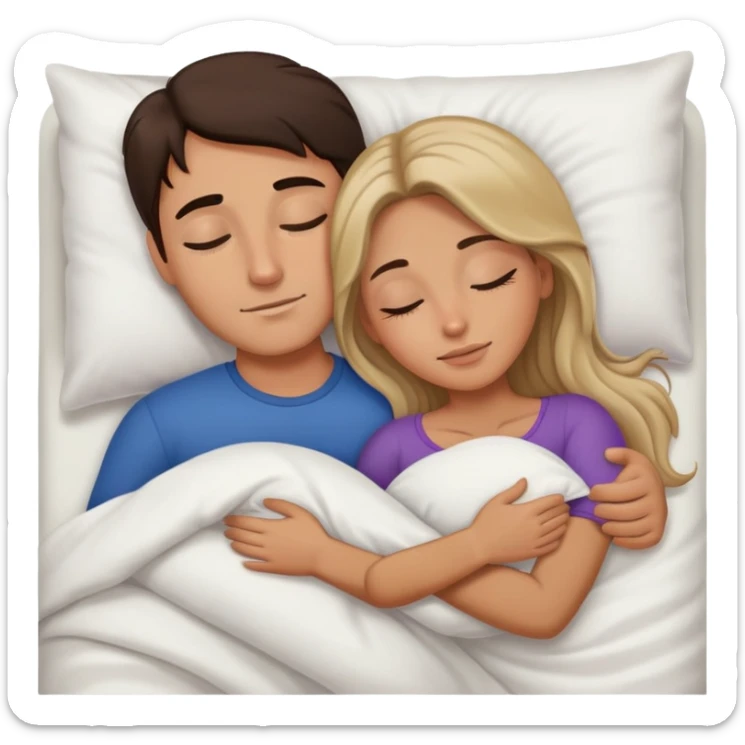 Man with dark brown hair and woman with long dark blonde hair in bed cuddling and sleeping  sticker