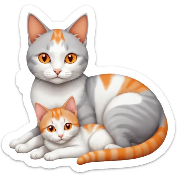 full body of a grey and white cat cuddling a very small + skinny ginger and white kitten with deep orange eyes and triangular shaped face lying down sticker