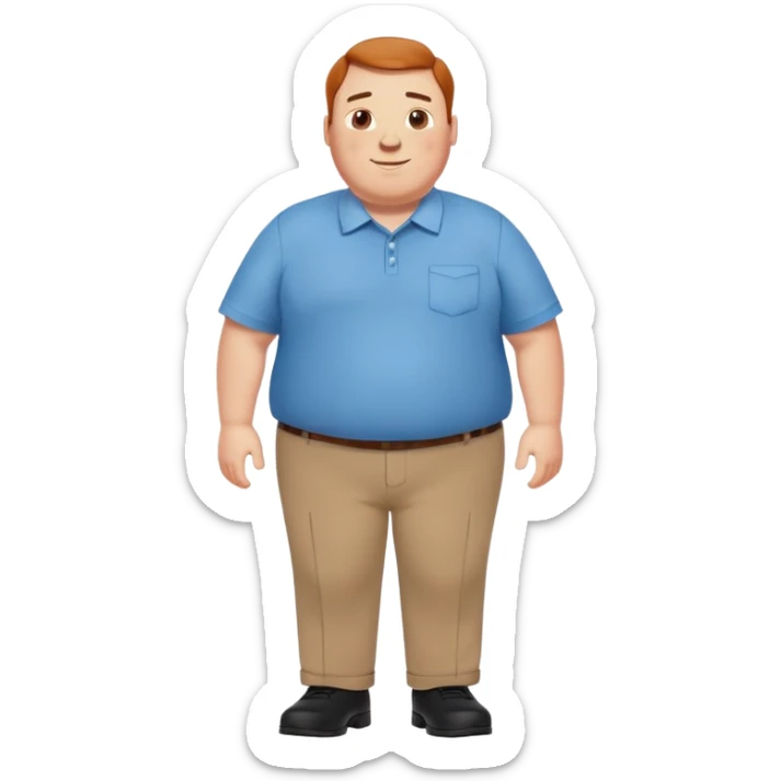 A cheerful overweight man with freckles, wearing a crisp blue shirt, brown trousers, and polished black shoes, standing confidently with a friendly smile. Simple, clean emoji style with warm colors. sticker