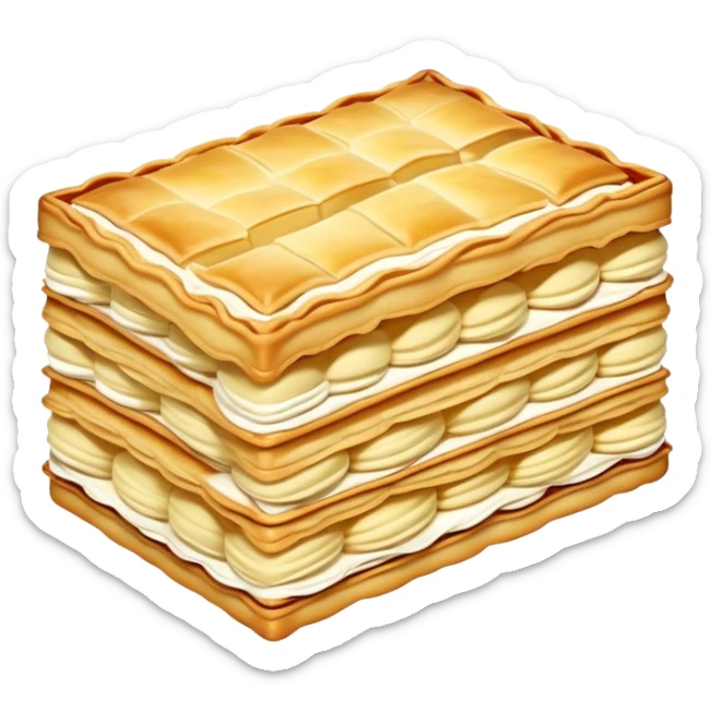 mille-feuille-cinematic-realistic-mille-feuille-dessert-emoji,-depicted-as-a-rectangular delicate-pastry-composed-of-two-crisp-layers-of-puff-pastry-with-a-rich-cream-filling,-rendered-with-intricate-textures-and-elegant,-soft-lighting. Please only show two layers only. sticker
