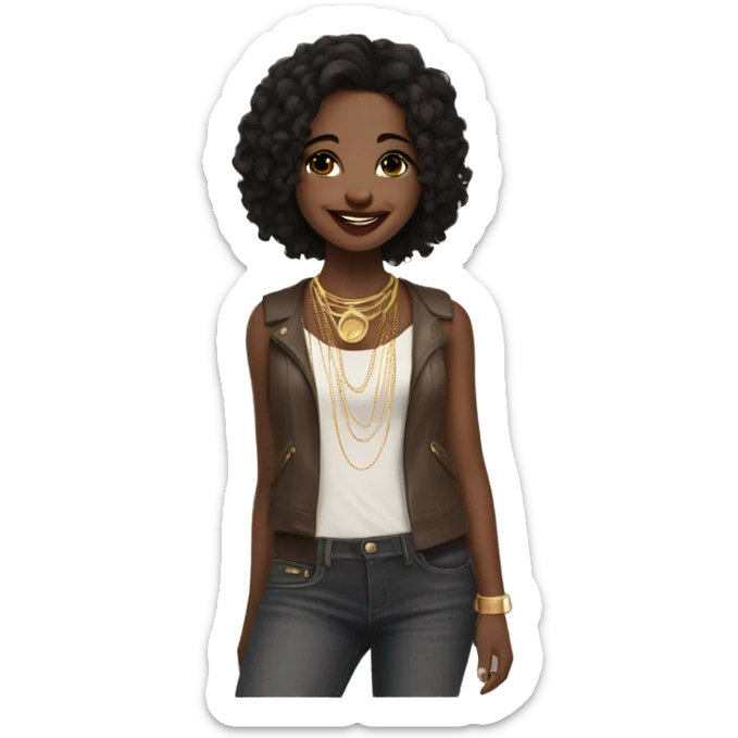 happy rock girl with rosy lips and dark eyes snd dark hair, gold hoops and necklace  sticker