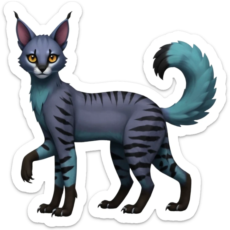Colorful dark black gloomy spooky pointy foggy smoky points-marked glorious hyper-realistic exotic cute cool beautiful beautiful fantasy-caracal-civet-genet-sergal-vernid-Gryphon-Cacomistle-Trico-oncilla-animal-Fakémon-hybrid-fursona (full body) sticker