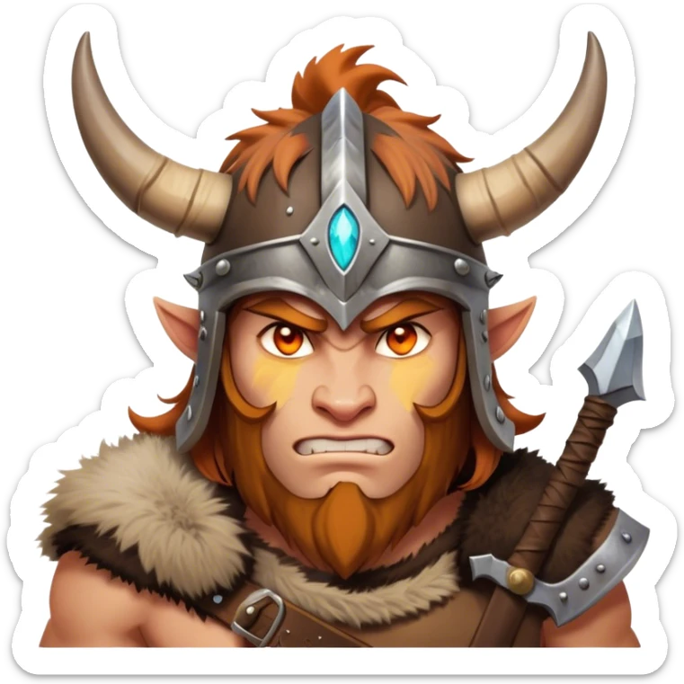Clash of Clans aesthetic: Cinematic Fierce Barbarian Portrait Emoji, Poised and bold with a rugged yet cartoonish build in tattered furs and a horned helmet, his face rendered in a natural skin tone (not yellow), expressive bright eyes and a confident smirk, Simplified yet dynamic features, highly detailed, glowing with a vivid, adventurous aura, high shine, heroic and spirited, stylized with an air of medieval warrior charm, focused and energetic, soft glowing outline, capturing the essence of a fearless barbarian adventurer ready to lead his clan with spirited valor! sticker